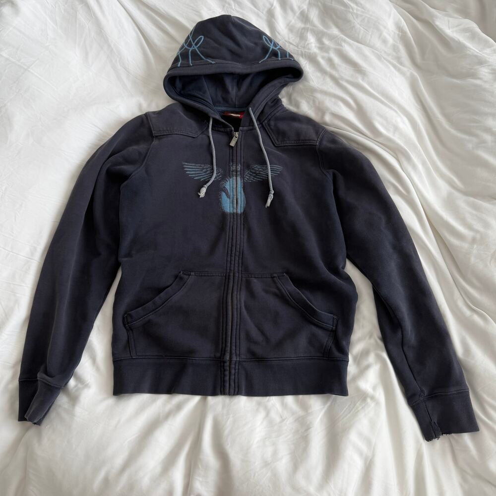 Topo Ranch Angel Wing Zip Up Hoodie Navy Blue Y2K Skate Size M